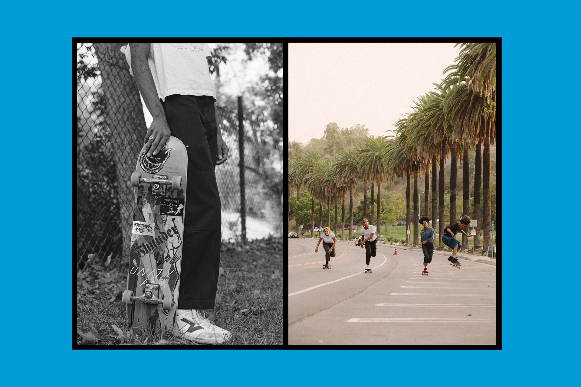 A close-up of one of Briana King’s friends, with their skateboard, and a wide shot of Briana King and her friends skating on a Los Angeles street.